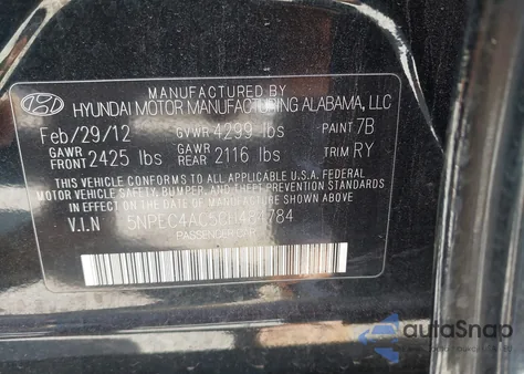 2012 Hyundai Sonata Limited z USA, uszkodzony, nr VIN 5NPEC4AC5CH484784